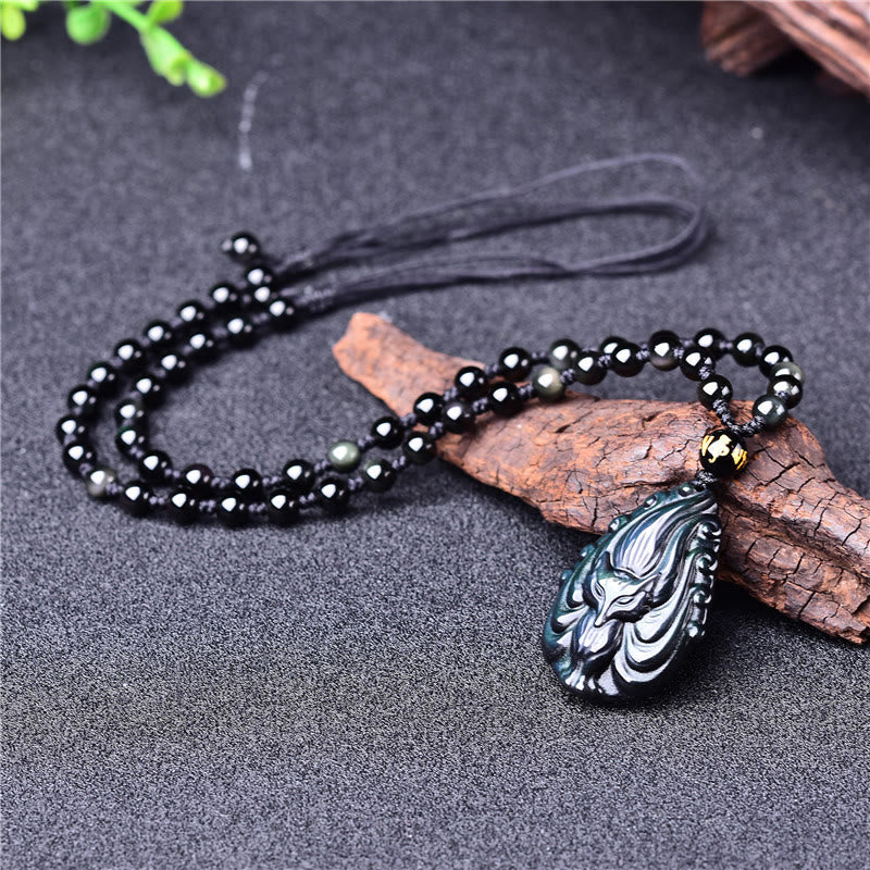 Buddha Stones Natural Rainbow Obsidian Nine Tailed Fox Inner Peace Necklace Beaded String Pendant - image 6