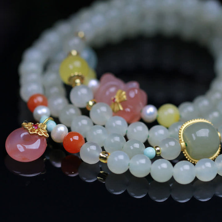 Buddha Stones Natural Hetian Jade Pink Crystal Peace Buckle Happiness Abundance Bracelet - image 4