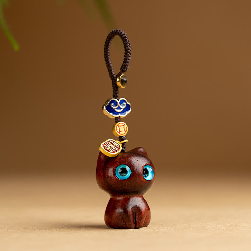 Buddha Stones Small Leaf Red Sandalwood Ebony Wood Lucky Cat Protection Key Chain Phone Hanging Decoration - Small Leaf Red Sandalwood Cat - Key Chain - image 0