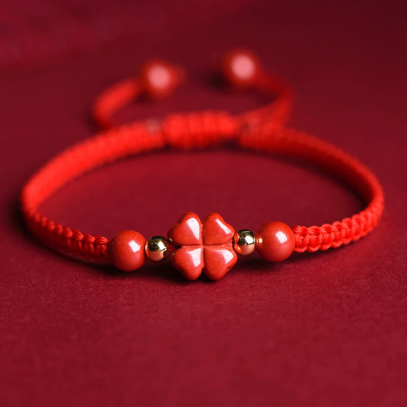 Buddha Stones Four Leaf Clover Five-petal Flower Cinnabar Blessing Red String Bracelet - Red Cinnabar - Lucky Four Leaf Clover(Wrist Circumference 15-19cm) - image 16