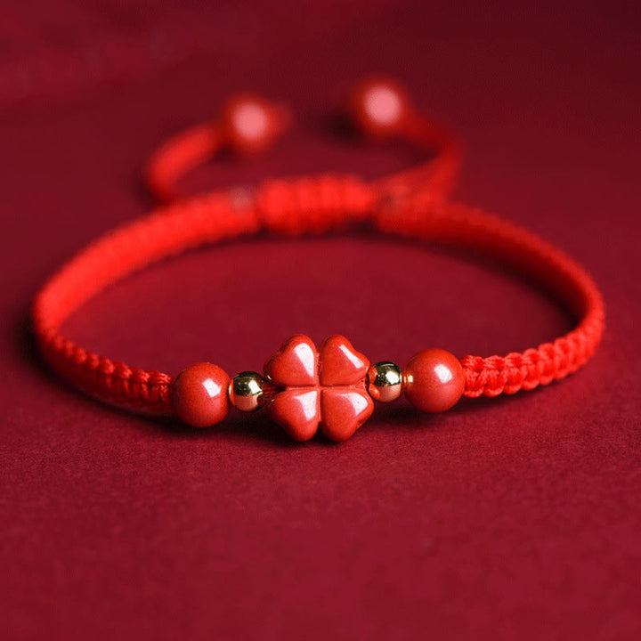 Buddha Stones Four Leaf Clover Five-petal Flower Cinnabar Blessing Red String Bracelet - Red Cinnabar - Lucky Four Leaf Clover(Wrist Circumference 15-19cm) - image 16