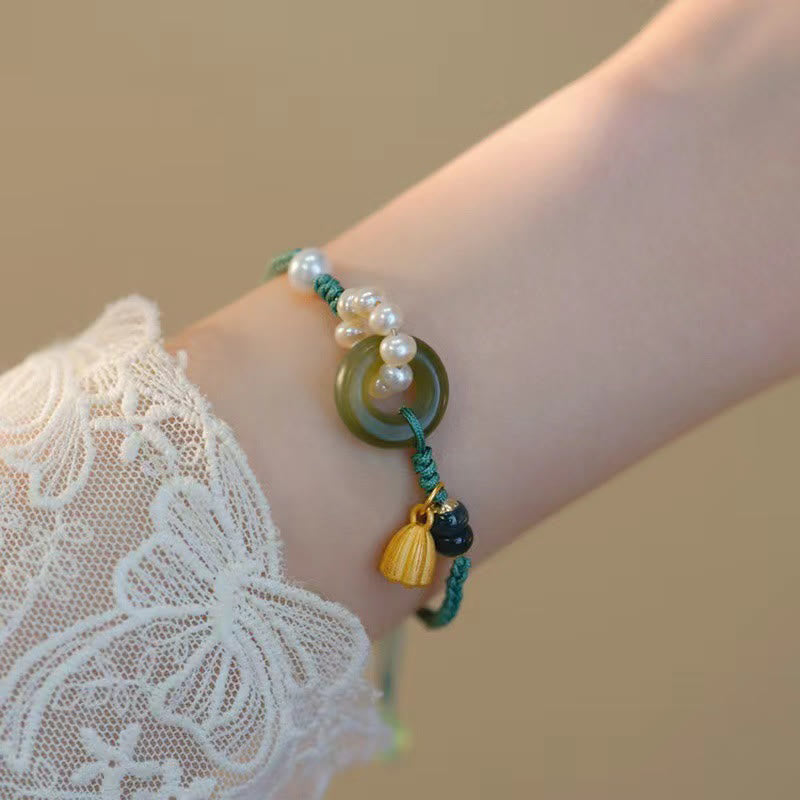 Buddha Stones Natural Hetian Jade Peace Buckle Pearl Luck Handcrafted Braided Bracelet - image 2