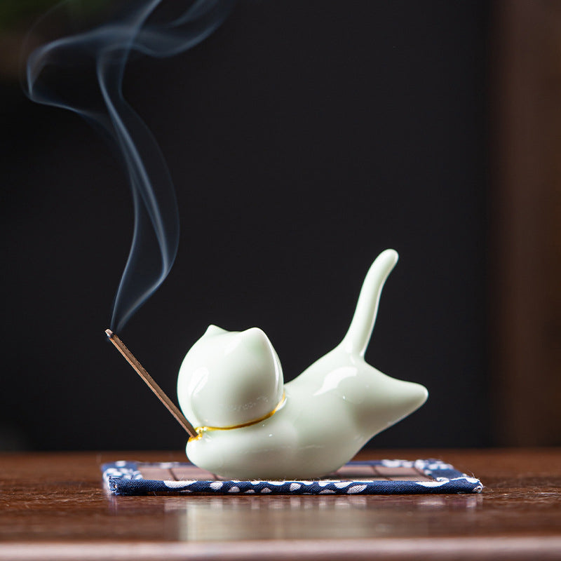 Lovely Cat Panda Ceramic Blessing Incense Burner Decoration - Honeydew Cat Incense Holder - image 10