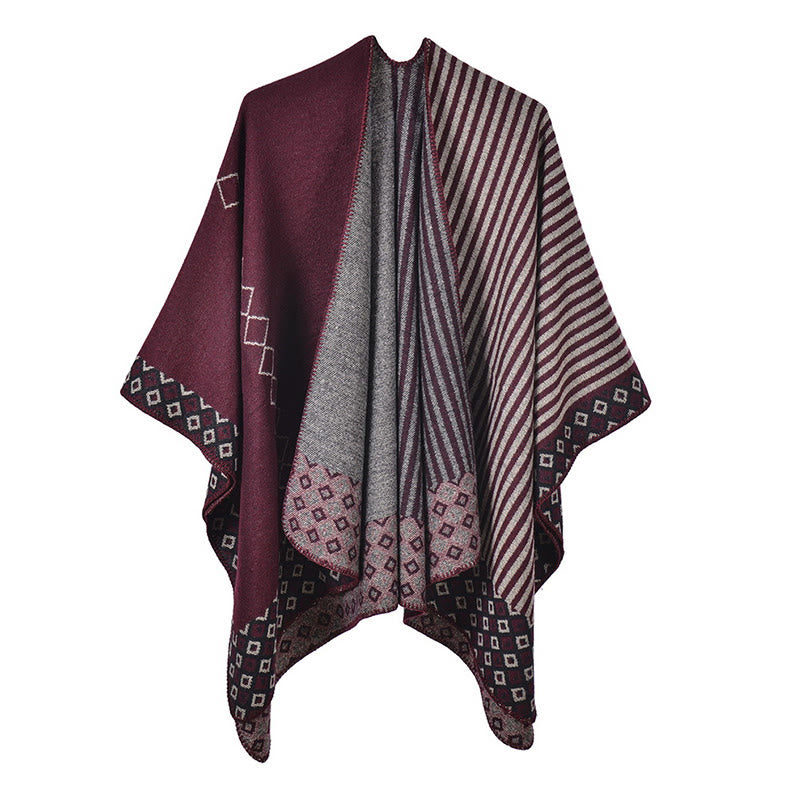 Buddha Stones Tibetan Shawl Striped Diamond Pattern Winter Warm Soft Scarf - Dark Red Gray - image 22