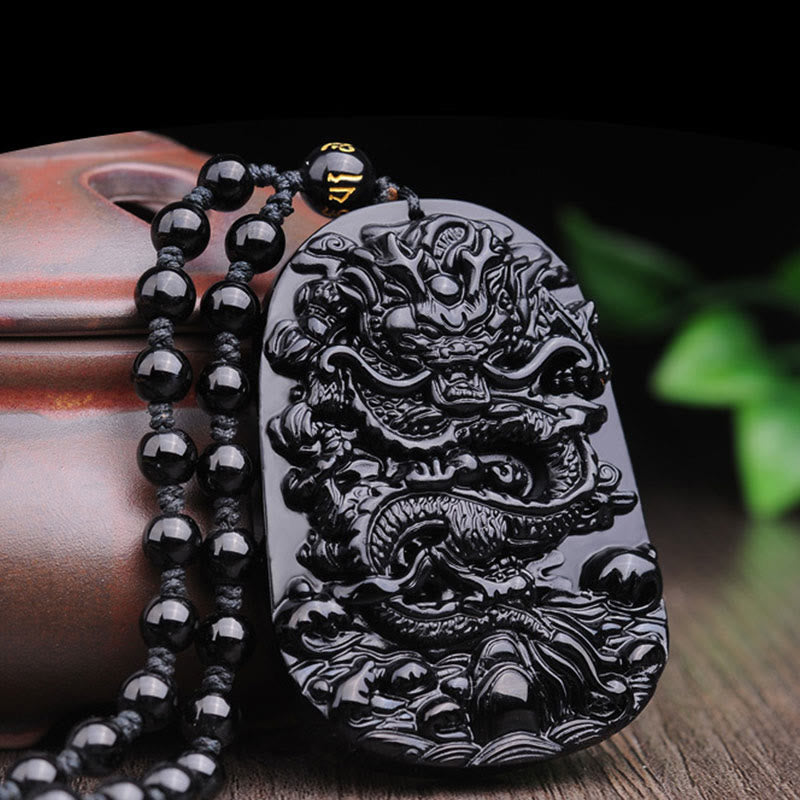 Buddha Stones Black Obsidian Stone Dragon Fulfilment Pendant Necklace - image 6