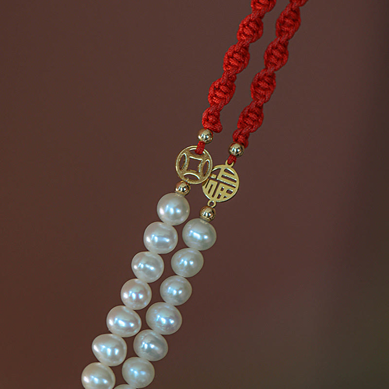 Buddha Stones 14K Gold Plated Pearl Bead Luck Protection Braid Red String Bracelet - image 2