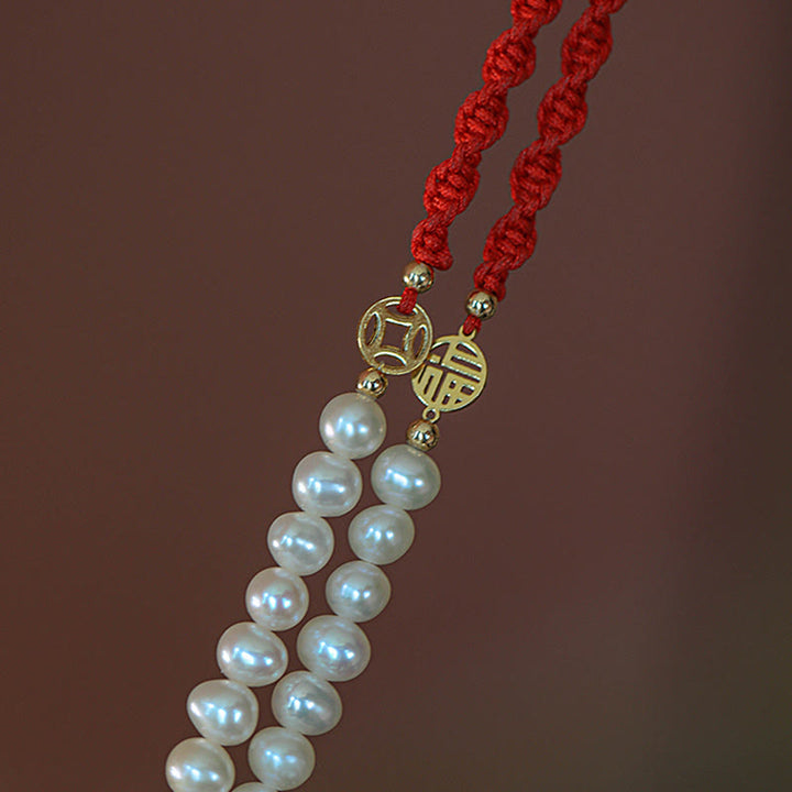 Buddha Stones 14K Gold Plated Pearl Bead Luck Protection Braid Red String Bracelet - image 2