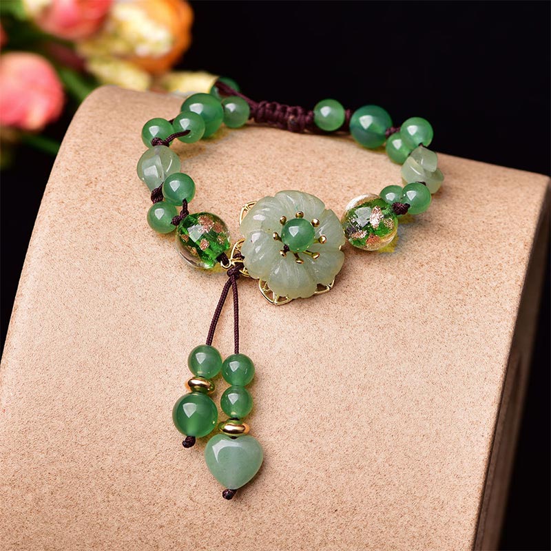 Buddha Stones Natural Green Jade Luck Dangling Flower Bracelet - Flower Petal - image 0