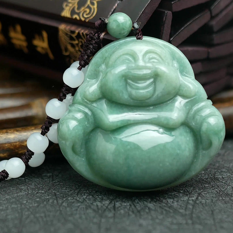 Buddha Stones Laughing Buddha Cyan Jade Harmony Necklace String Bead Pendant - image 1