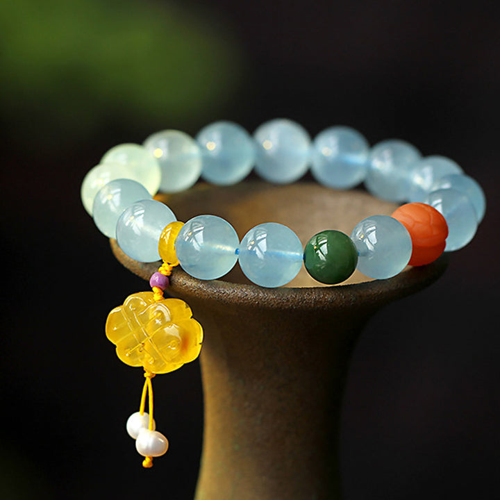 Buddha Stones Natural Aquamarine Amber Chinese Knotting Charm Peace Bracelet - Aquamarine - image 0