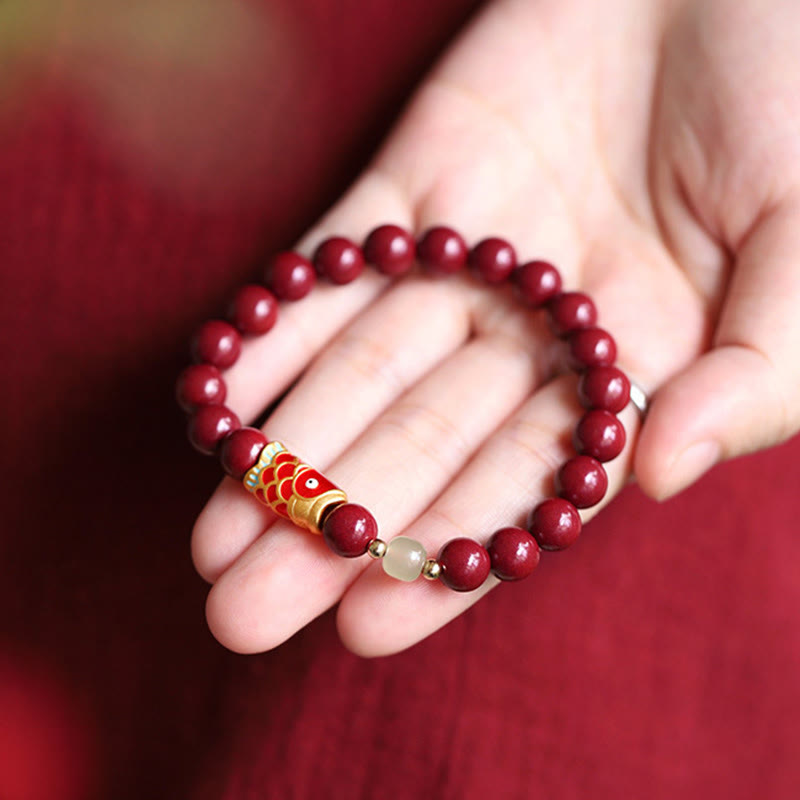 Buddha Stones Natural Cinnabar Lucky Koi Fish Hetian Jade Bead Blessing Bracelet - image 7