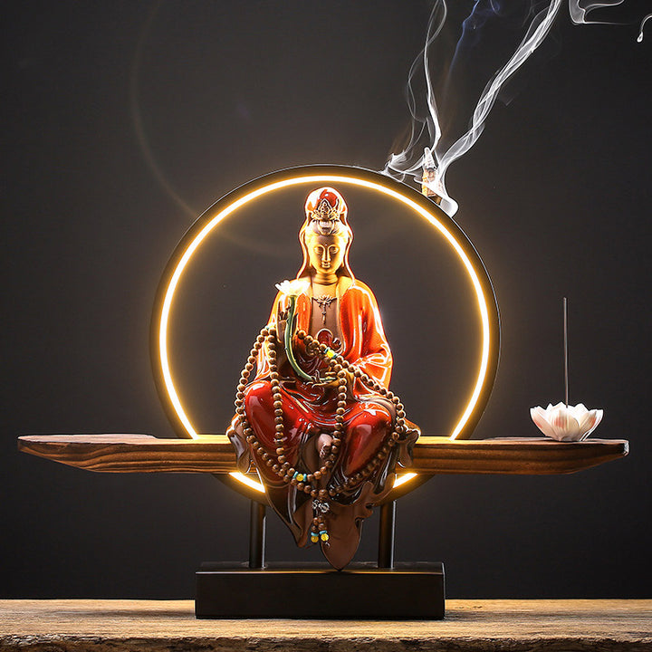 Buddha Stones Buddha Avalokitesvara Ceramic Lotus Relaxation Incense Burner Decoration - Lotus Avalokitesvara Red - image 2