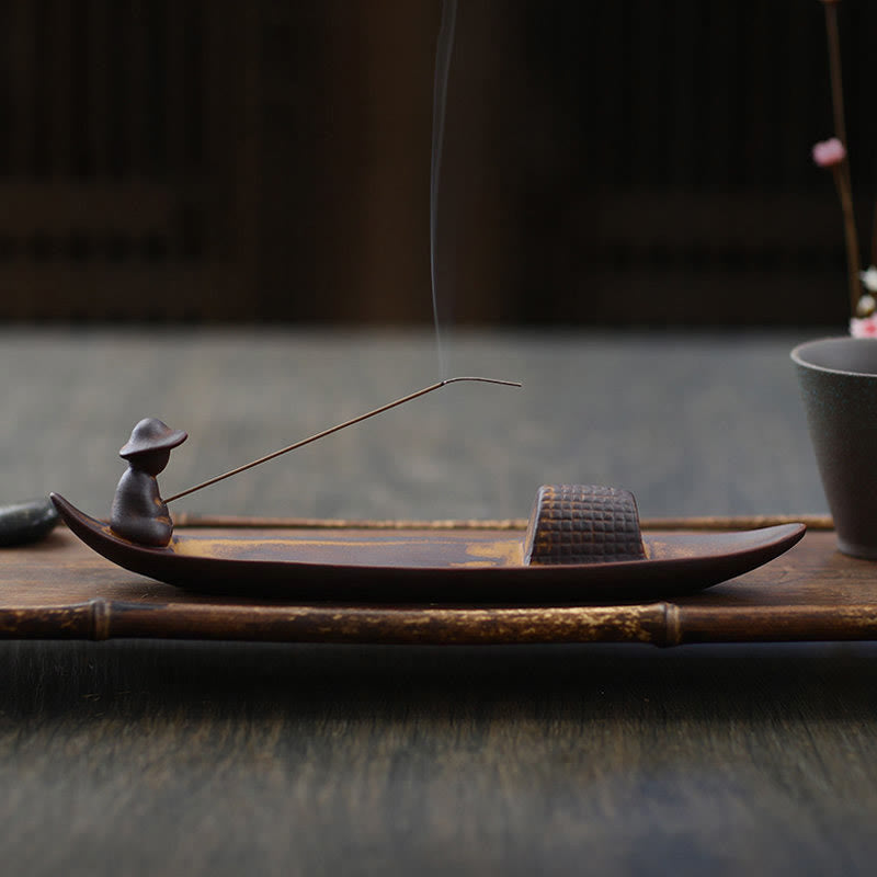 Buddha Stones A Lonely Fisherman Afloat Ceramic Healing Incense Burner - image 3