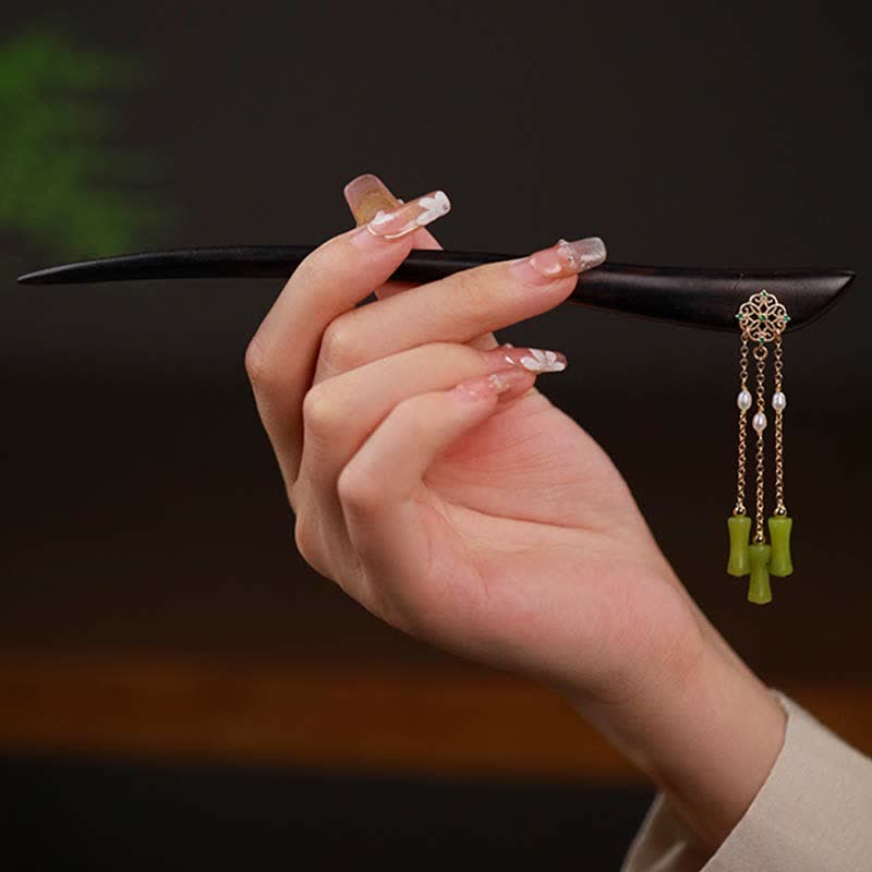 Buddha Stones Natural Peridot Ebony Wood Love Tassels Hairpin - image 2