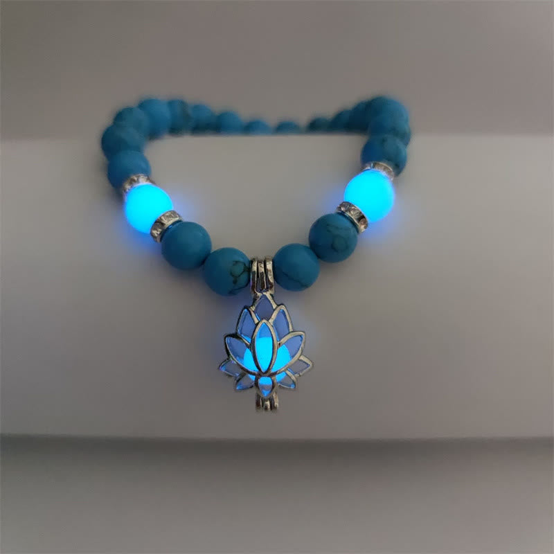 Buddha Stones Tibetan Turquoise Glowstone Luminous Bead Lotus Protection Bracelet - Dark Blue Turquoise Green Light - image 26