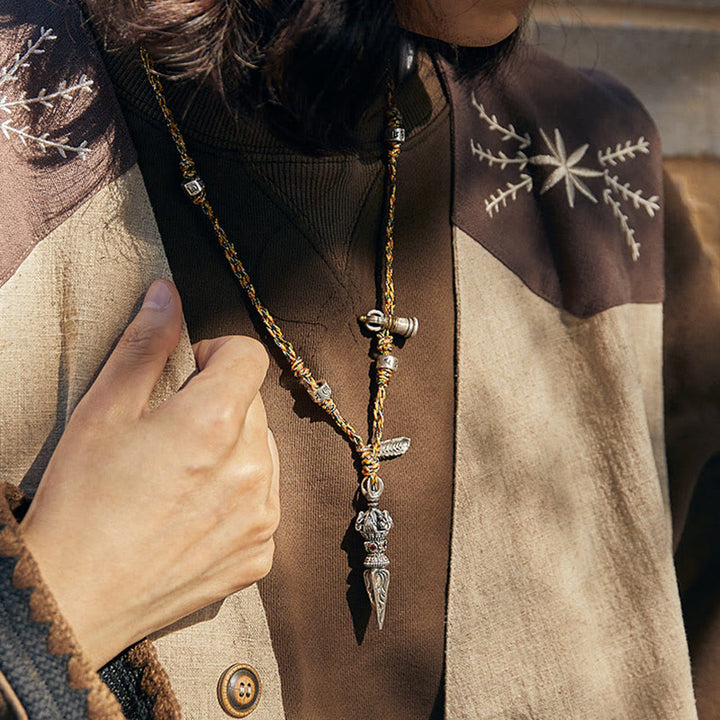 Buddha Stones Tibetan Handmade 925 Sterling Silver Dorje Vajra Om Mani Padme Hum Feather Strength Necklace Pendant - image 11