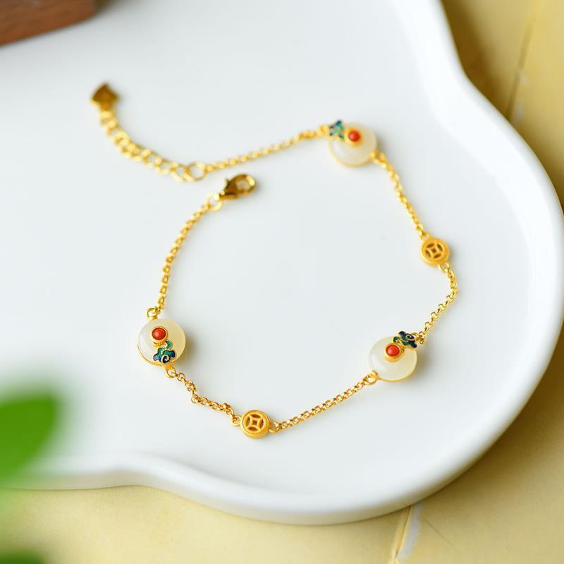 Buddha Stones Peace Buckle White Jade Luck Copper Bracelet - image 1