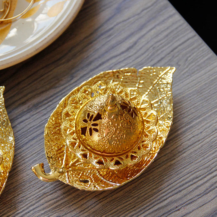 Tibetan Gold Mini Leaf Coaster Meditation Incense Burner - image 2