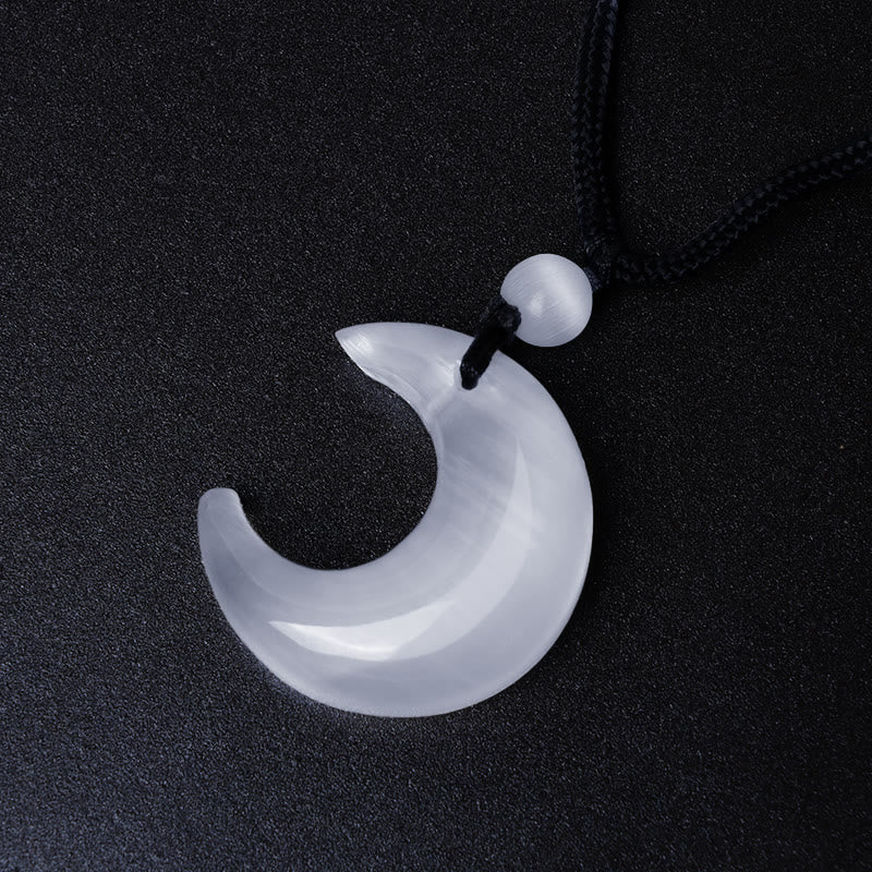 Buddha Stones Natural Silver Sheen Obsidian Selenite Crystal Crescent Moon Yin Yang Couple Protection Necklace Pendant - image 12