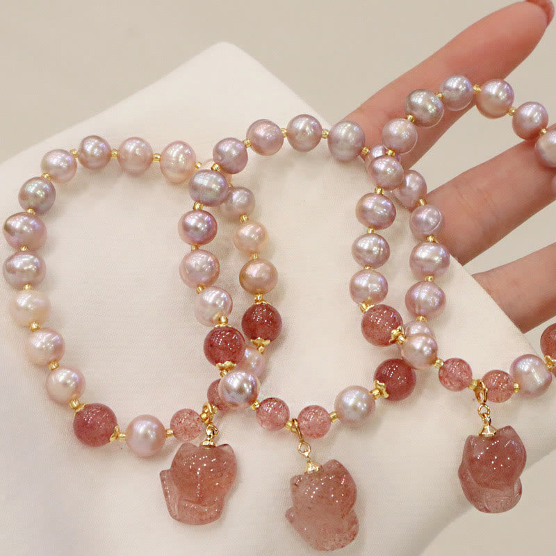 Buddha Stones Natural Pearl Strawberry Quartz Cute Fox Love Healing Charm Bracelet - image 4
