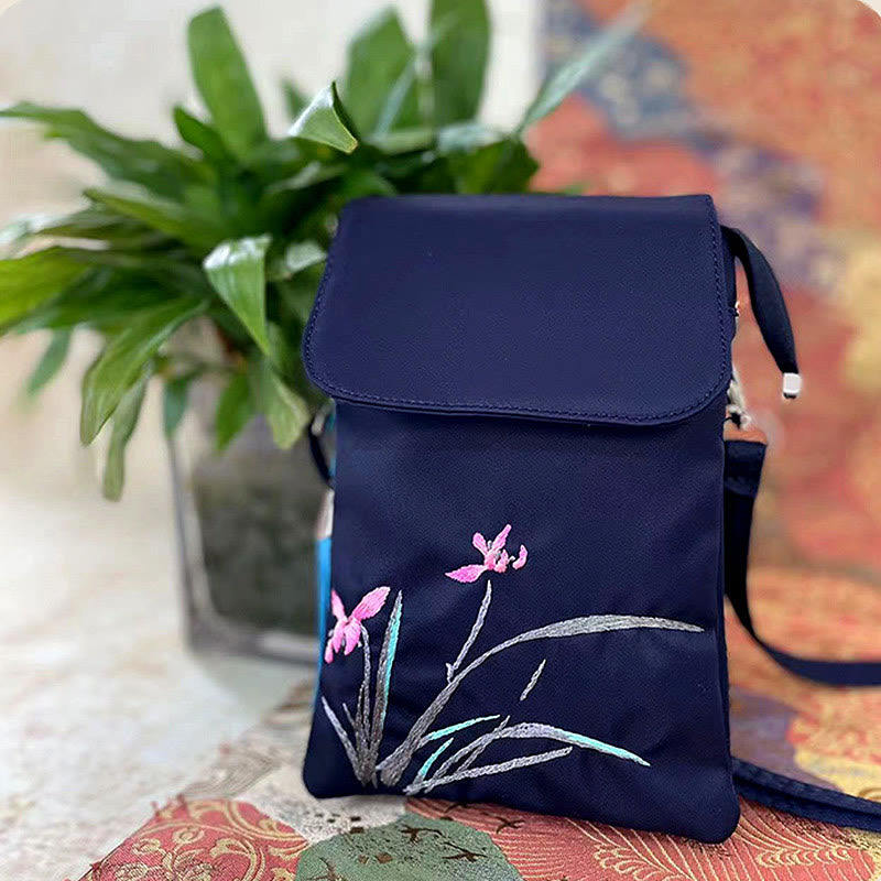 Buddha Stones Waterproof Handmade Embroidered Lotus Flowers Crossbody Bag Shoulder Bag Cellphone Bag - Blue  Flower Grass - image 28