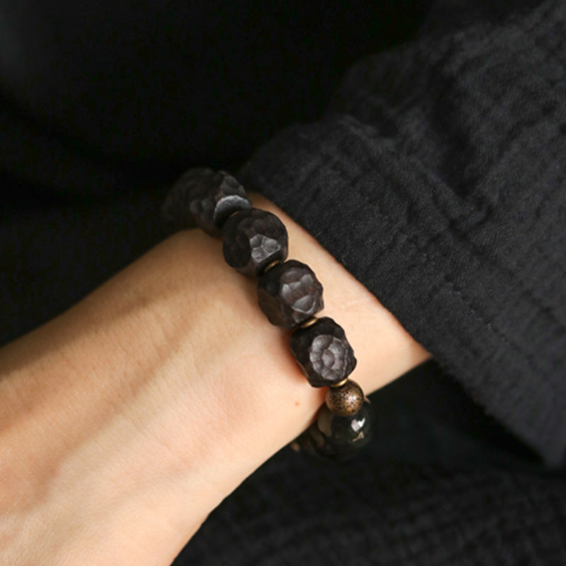 Buddha Stones Black Obsidian Ebony Wood Copper Strength Couple Bracelet - image 4