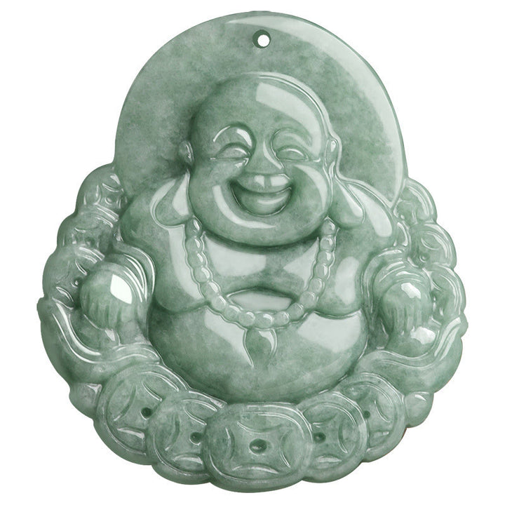 Buddha Stones Laughing Buddha Natural Jade Copper Coin Abundance Necklace Pendant - image 8