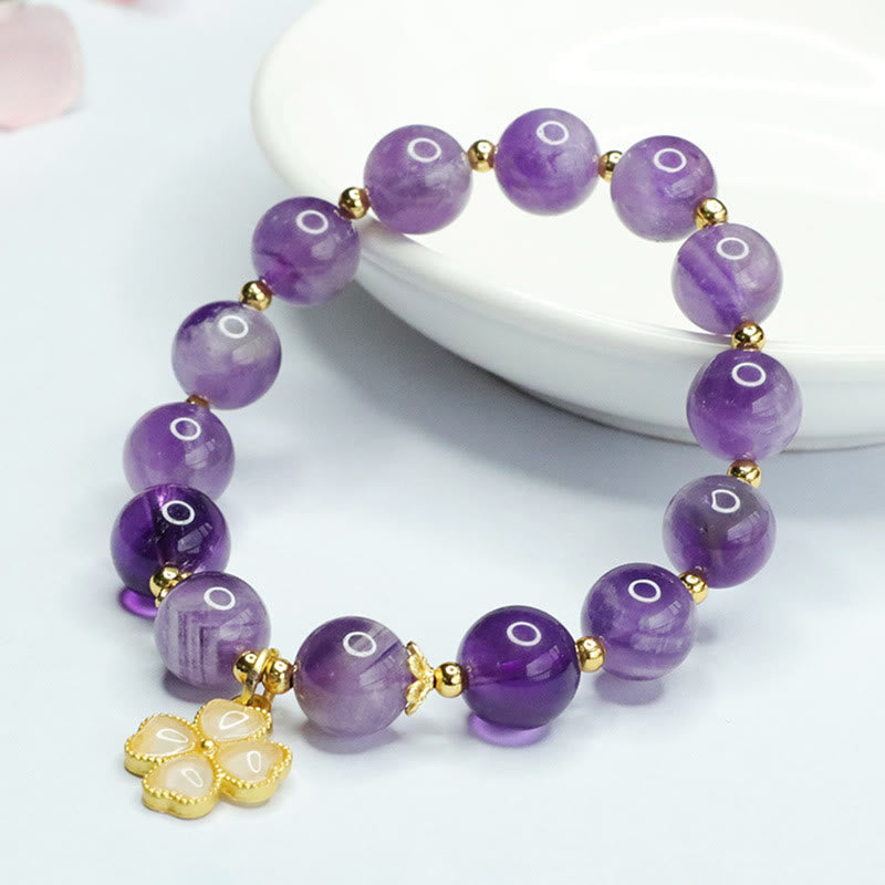 Buddha Stones Natural Amethyst Crystal Inner Peace Four Leaf Clover Charm Bracelet - image 3