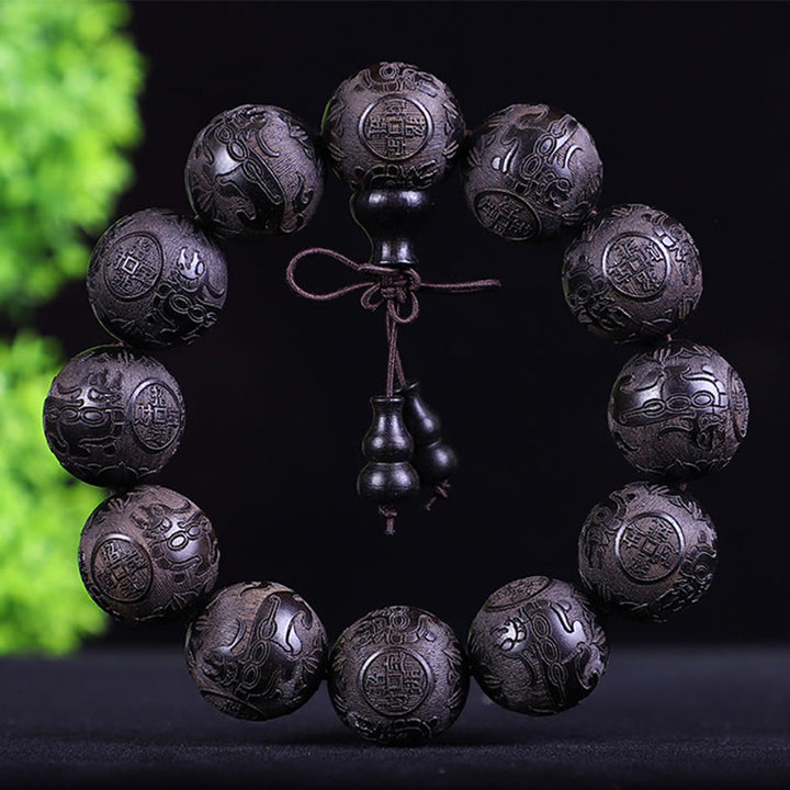 Buddha Stones Chinese Zodiac Rosewood Ebony Copper Coin PiXiu Carved Warmth Bracelet - African Blackwood Pixiu - image 3
