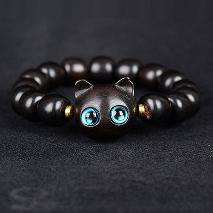 Buddha Stones Ebony Wood Green Sandalwood Red Sandalwood Lovely Cat Balance Bracelet - image 1