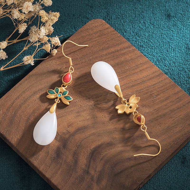 Buddha Stones FengShui White Jade Luck Drop Earrings - image 2