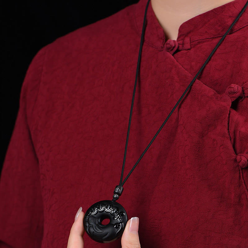 Buddha Stones Chinese Zodiac Natural Black Obsidian Peace Buckle Strength Necklace Pendant - image 8
