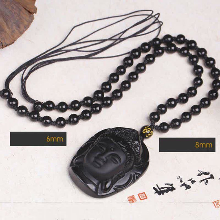 Buddha Stones Natural Black Obsidian Kwan Yin Avalokitesvara Strength String Necklace Pendant - image 7