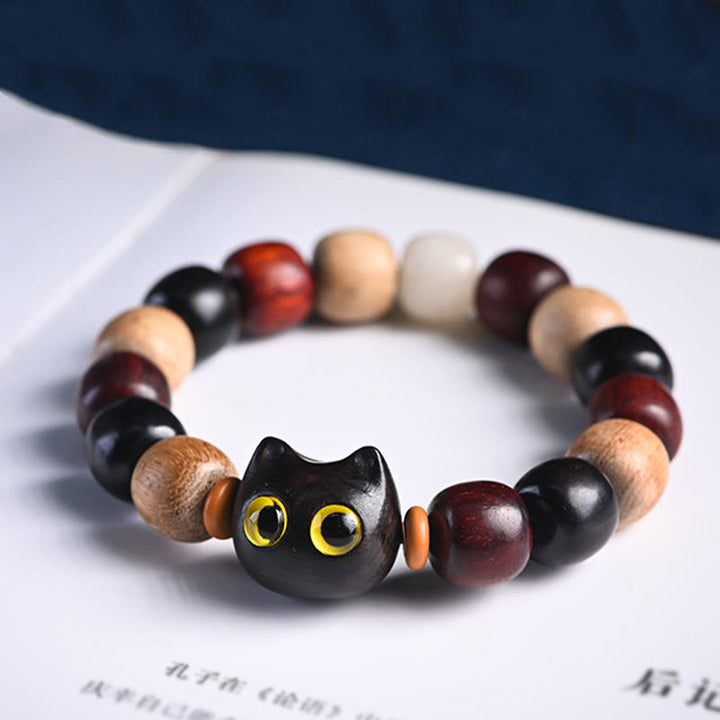 Buddha Stones Small Leaf Red Sandalwood Ebony Wood Cute Cat Engraved Protection Bracelet - image 10