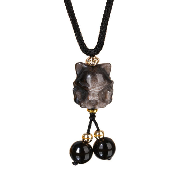 Buddha Stones Natural Silver Sheen Obsidian Nine Tailed Fox Protection Necklace Pendant - image 4