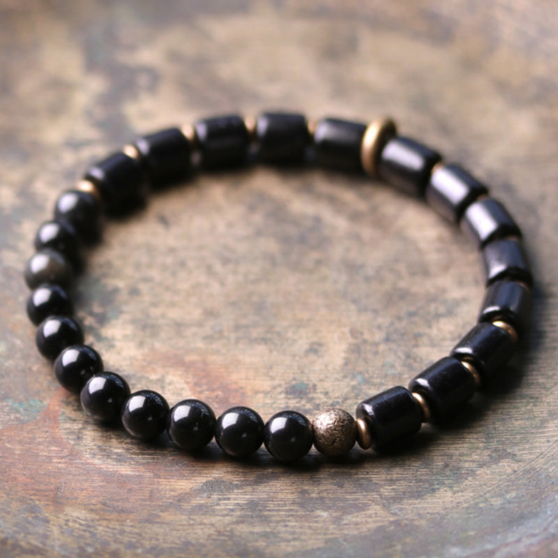 Buddha Stones Ebony Wood Red Jasper Moss Agate Crystal Copper Peace Couple Bracelet - Ebony&Black Obsidian - 18cm - image 9