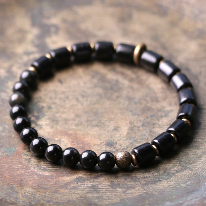 Buddha Stones Ebony Wood Red Jasper Moss Agate Crystal Copper Peace Couple Bracelet - Ebony&Black Obsidian - 18cm - image 9