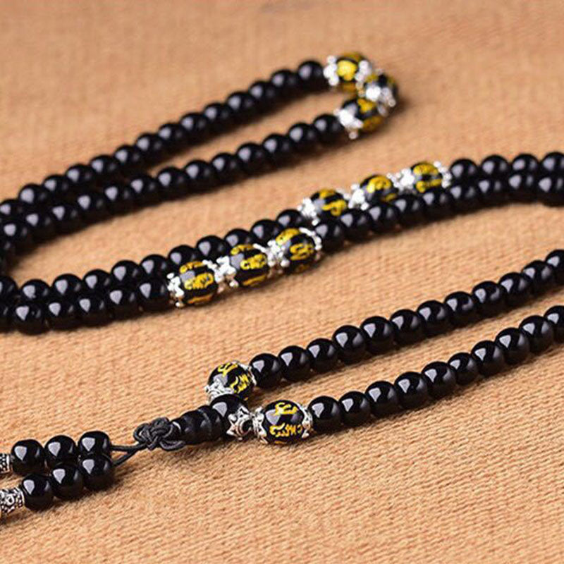 Buddha Stones Black Obsidian Six True Words Protection Mala Bracelet - image 7