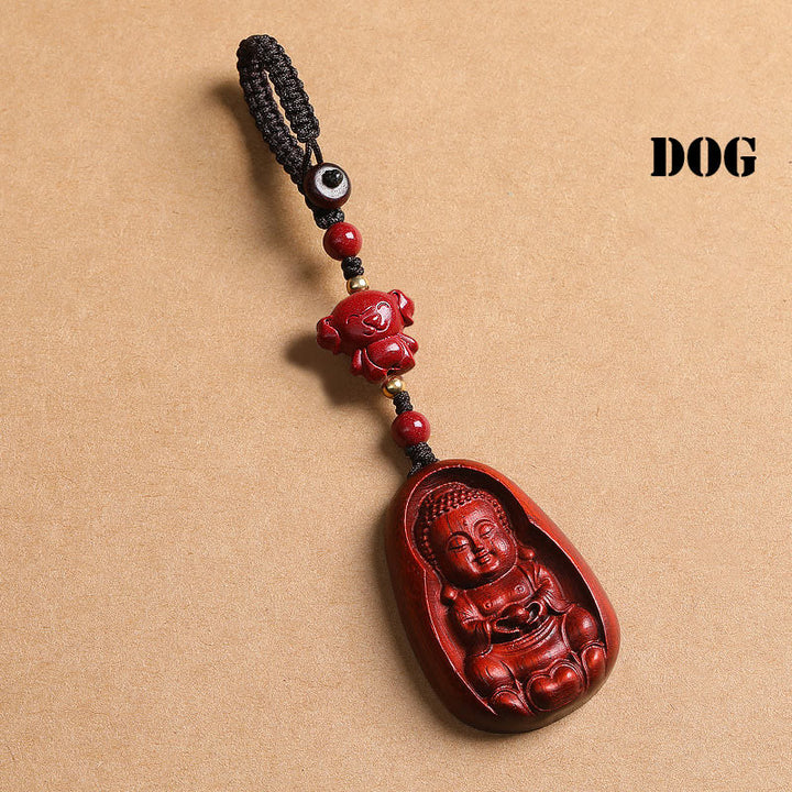 Buddha Stones Small Leaf Red Sandalwood Buddha Cinnabar Chinese Zodiac Amulet Protection Key Chain - Dog - image 24