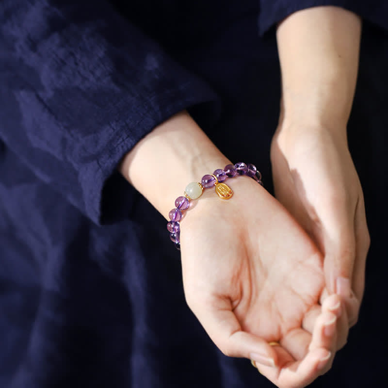 Buddha Stones Natural Amethyst Crystal Hetian Jade Healing Charm Bracelet - image 2