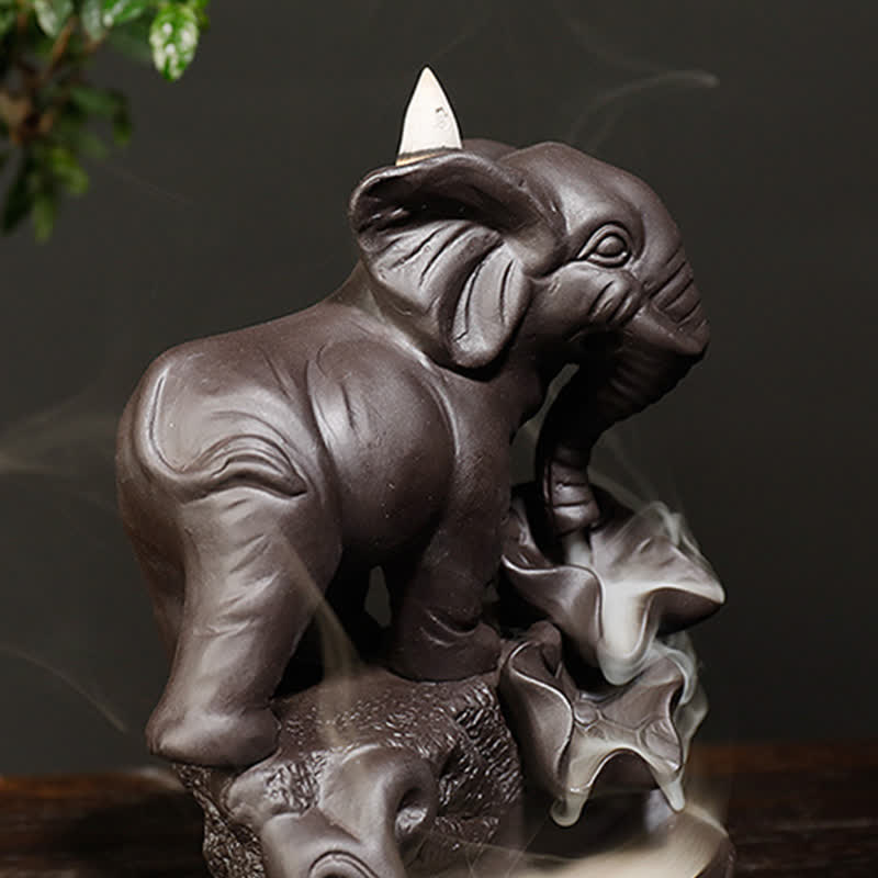 Tibetan Elephant Purple Clay Backflow Smoke Fountain Peace Healing Incense Burner Decoration - image 4