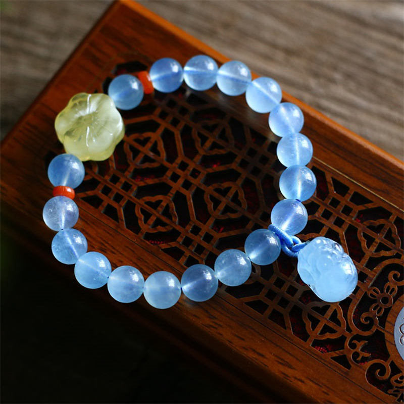 Buddha Stones Natural Aquamarine Amber Pixiu Peace Healing Charm Bracelet - image 1