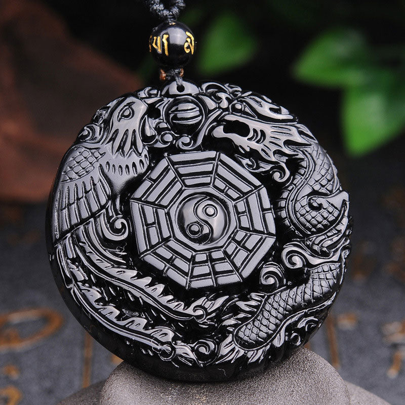 Buddha Stones Bagua Dragon Phoenix Obsidian Fulfilment Pendant Necklace - image 1