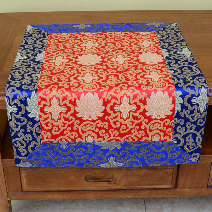 Brocade Prayer Altar Flower Vajra Dragon Pattern Auspicious Symbols Table Runner - Blue&Red Flower - 70*70cm - image 16