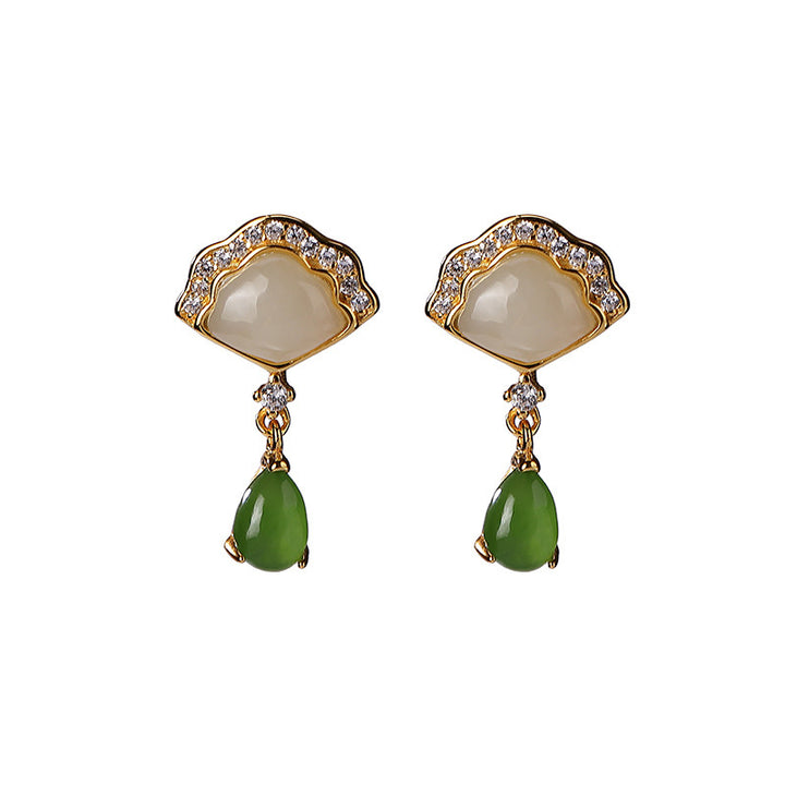 Buddha Stones White Jade Cyan Jade Fan Water Drop Pattern Luck Drop Earrings - image 7