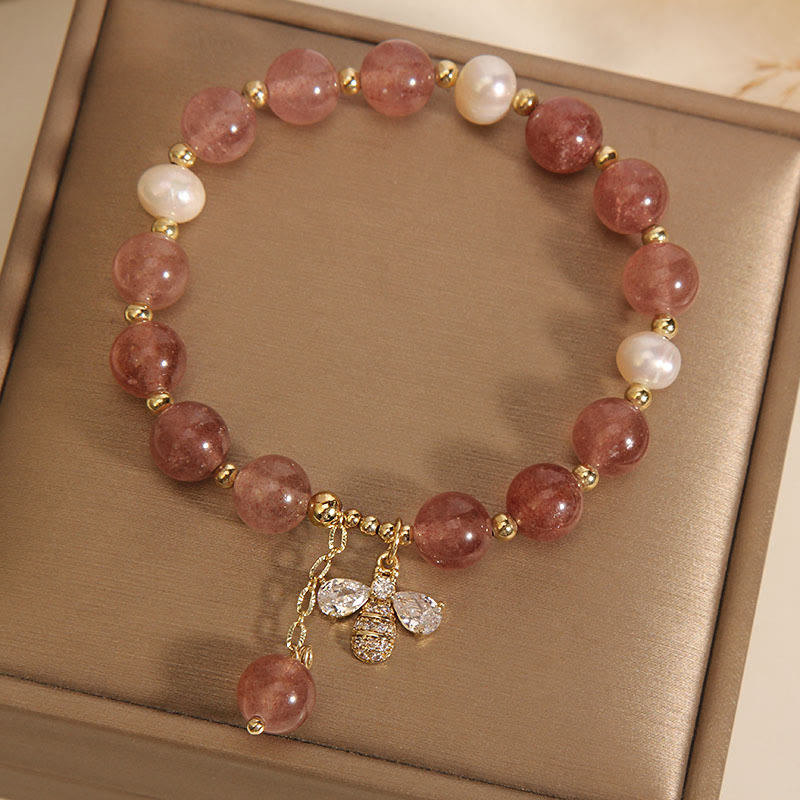 Buddha Stones Strawberry Quartz Pearl Cute Zircon Honeybee Positive Charm Bracelet - image 1