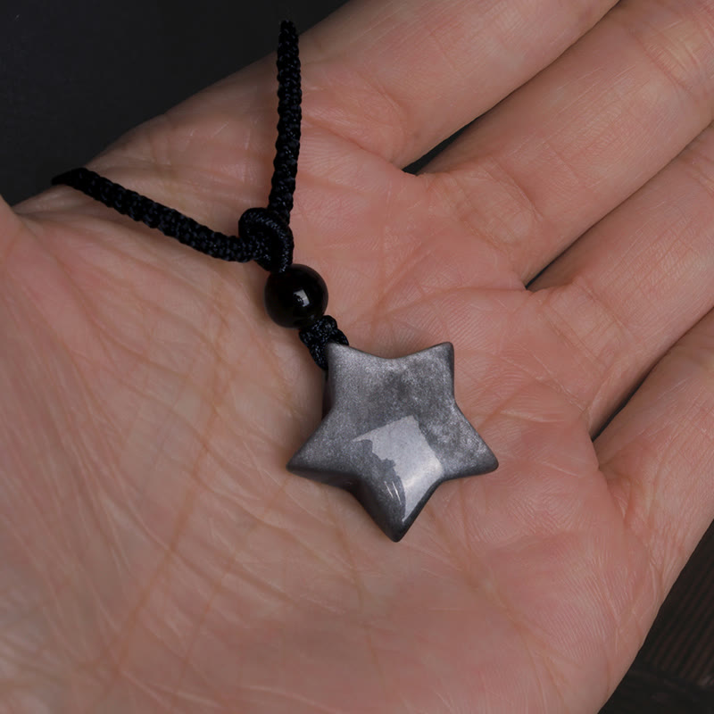 Buddha Stones Natural Silver Sheen Obsidian Star Crescent Moon Protection Necklace Pendant - image 6