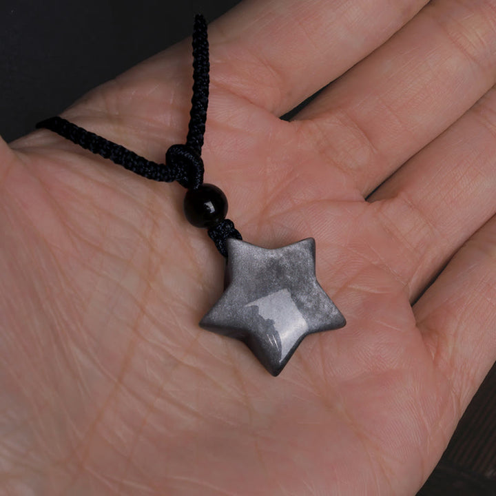 Buddha Stones Natural Silver Sheen Obsidian Star Crescent Moon Protection Necklace Pendant - image 6