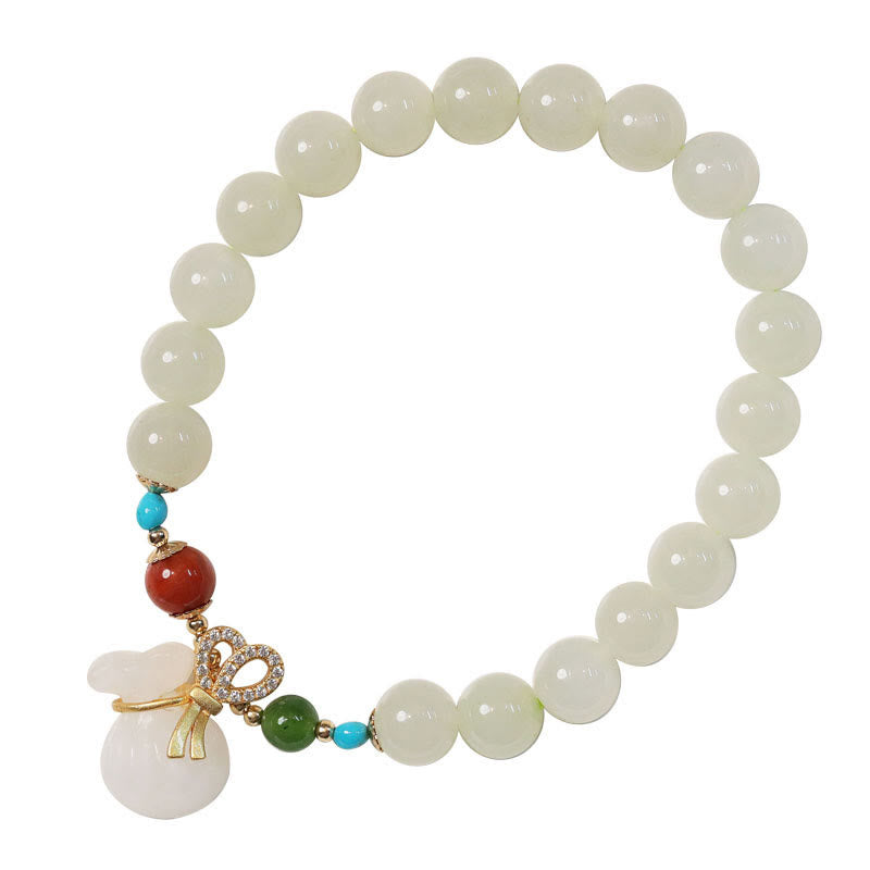 Buddha Stones Natural Hetian White Jade 14K Gold Plated Money Bag Blessing Bracelet - image 6
