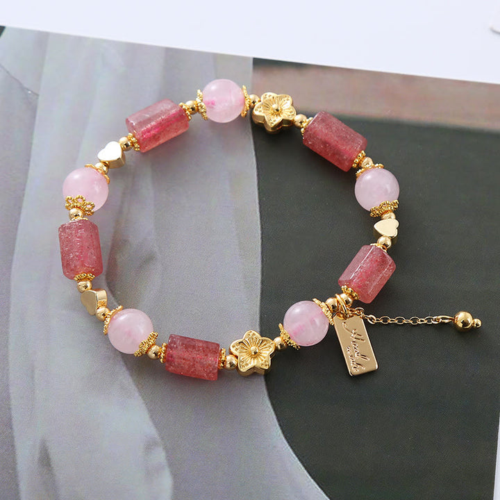 Buddha Stones Strawberry Quartz Pink Crystal Love Heart Flower Positive Bracelet - Strawberry Quartz&Pink Crystal(Wrist Circumference 14-16cm) - image 0